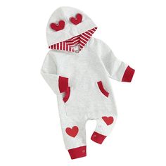 HEARTS Hoody Jumpsuit - Hazel & Bo Playful White Long Sleeve Jumpsuits And Rompers, White Long Sleeve Playful Jumpsuit, Cute Cotton Hooded Onesie, Red Long Sleeve Onesie For Playwear, Red Long Sleeve Onesie For Play, Playful Cotton Long Sleeve Jumpsuits And Rompers, Family Matching Long Sleeve Onesie For Playtime, Playful Long Sleeve Jumpsuits And Rompers For Playtime, Cute White Hooded Onesie