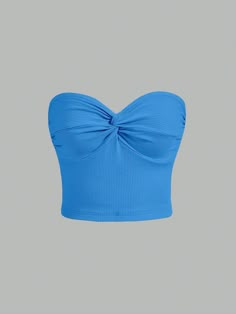 Blue Casual Collar Sleeveless Knitted Fabric Plain  Embellished Slight Stretch  Women Clothing Blue Summer Top, Blue Tube Top, Top Azul, Bralet Tops, Summer Wishlist, Tube Tops, Preppy Summer, Mint Blue