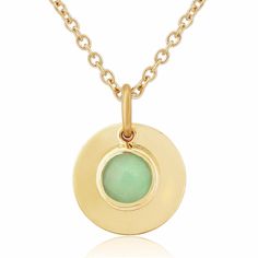 Our beautiful 9ct gold Chrysoprase gemstone necklace is part of the Bali Birthstone Collection. The gold disc is polished on one side and brushed on the other, so you can wear it either way around. The hand set gemstone, Chrysoprase traditionally has always symbolised happiness, enterprise and to encourage common sense. In the 18th century, thieves actually believed that by placing this stone in their mouth would make them invisible. We can’t guarantee that but it was the favourite stone of Quee Polished Yellow Gold Jade Jewelry, Green 14k Gold Round Necklace, 14k Gold Green Round Necklace, Green Polished May Birthstone Necklaces, Green 14k Gold Necklace With Polished Finish, 14k Gold Green Necklace With Polished Finish, Green Necklaces With Polished Finish For May Birthstone, Green Polished Necklace For May Birthstone, Green Polished Finish Necklace For May Birthstone