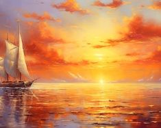 a painting of a sailboat sailing in the ocean at sunset with clouds above it