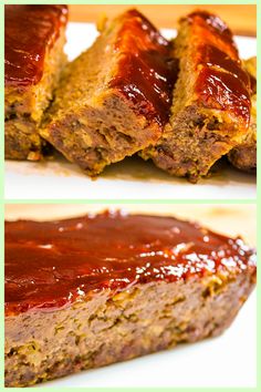 there are two pictures of meatloaf with ketchup on the top and bottom