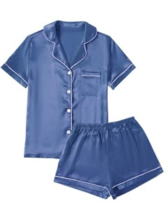 PRICES MAY VARY. 95% Polyester, 5% Spandex Imported Pull On closure Hand wash or machine wash. Do not bleach. Material: Pajama set is made of Premium 95%Polyester+5%Spandex satin fabric.Ultra soft silk pajamas for women, lightweight and Skin-friendly. Features: 2 Piece Pajama Set featuring classic sleepwear style.Short sleeve sleepwear with notch collar,button front pajamas shirt and one chest pocket design. Pajama shorts for women with soft elastic waist that fits for any body size and makes re Pijama Satin, Pajamas Shirt, Satin Pajamas Set, Pajamas Aesthetic, Pijamas Women, Satin Pjs, Silk Pjs, Silk Pajamas Women, Classic Pajamas