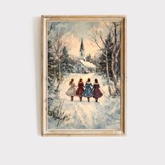 a painting of three children walking in the snow