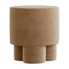 three round concrete stools sitting side by side on a white background, each with different shapes and sizes