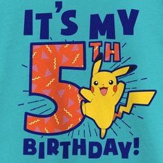 a blue shirt with the number five and pikachu on it