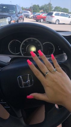 Neon Nails One Color, Bright Pink Summer Acrylic Nails, Hot Pink Nails With Accent Nail, Bright Acrylic Nails For Summer, Bright Pink Acrylics, Neon Pink Nails Short, Hot Pink Vacation Nails, 2024 Summer Nail Ideas, Neon Pink Nails Design Summer