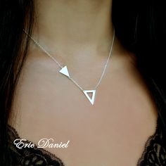 "These cute and fun triangles necklace made from genuine .925 sterling silver or from Sterling Silver with yellow gold plating will fit perfectly into and geometric jewelry fashion repertoire. Choose to engrave your initial and personalize it to your liking! Metal Option: - Sterling Silver - Sterling Silver with Yellow Gold overlay Dimensions: Chain: 16\" + 1\" extender (17\" total length) Large Triangle: 15mm height x 12mm width Small Triangle: 10mm height x 8mm width ---------PRODUCTION------- Dainty Triangle Jewelry Gift, Dainty Triangle Jewelry For Gifts, Minimalist Triangle-shaped Jewelry For Gifts, Silver Triangle Jewelry For Everyday, Minimalist Triangle Jewelry For Gifts, Minimalist Sterling Silver Triangle Necklace, Triangle Necklace With Adjustable Chain For Gift, Elegant Sterling Silver Triangle Jewelry, Elegant Triangle Sterling Silver Jewelry