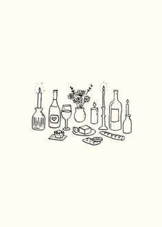 a line drawing of bottles and glasses on a table with flowers in vases next to them