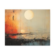 an abstract painting with the sun setting over water and clouds in the sky above it