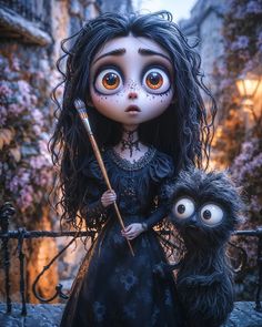 a doll with long black hair holding a broom next to a furry creature in front of a building