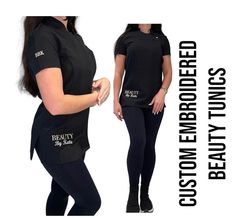 Custom embroidered tunics, perfect for your business to set you apart and stand out, beauty salon, nail tech, lash tech, dermatologist, spa, dentist, therapist, aesthetics uniform, salon wear tunic.  Embroidered with your business name im the highest quality thread in your choice of font and thread colour. Embroidered on the bottom right corner as shown on main example, or right breast. You can also add sleeve initials (upto 3 characters) for an extra personalised touch.  ** this is for your bus Salon Uniform Ideas, Beauty Therapist Uniform, Nail Shop Ideas, Beautician Uniform, Barber Uniform, Beauty Salon Uniform Ideas, Beauty Salon Uniform, Spa Therapist, Salon Uniform