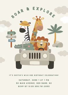 an animal themed birthday party with giraffes and zebras in the back of a car