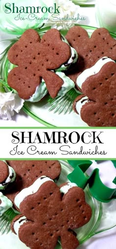 two pictures of shamrock cookies on a plate