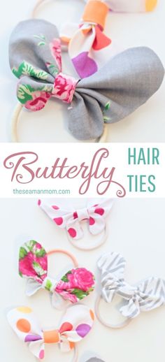 three different types of hair ties with the words butterfly on top and below them