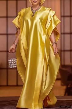 Olivia Mark - Classic Yellow O-Neck Patchwork Flounce Irregular Dress – Exquisite and Sophisticated Design Boubou Styles, Kaftan Styles, Ladies Caftan, White Kaftan, Kaftan Designs, African Designs, African Fashion Women Clothing