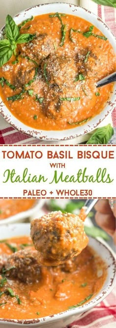 two bowls of tomato basil biscuit soup with meatballs