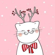 a white cat wearing reindeer antlers on top of it's head with a red bow