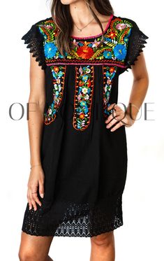 "Women's Knee-Length Puntilla Mexican Dress - Black - Beautiful embroidery - Fiesta attire - Poly/Cotton Blend Measurements: Small: Bust: 34-36\" -- Length: 35\" Medium: Bust: 36-38\" -- Length: 37\" Large: Bust: 40-42\" -- Length: 38\" X-Large: Bust: 44-46\" -- Length: 39\" XXL: Bust: 47-48\" -- Length: 39\" 3XL: Bust: 50-52\" -- Length: 39\" 4XL: Bust: 54-56\" -- Length: 39\" NOTE: Due to the handmade nature of these dresses, the embroidery may vary from dress to dress since each is individual Traditional Black Dress With Floral Print, Traditional Black Floral Print Dress, Black Floral Embroidered Summer Dress, Black Dresses With Intricate Embroidery For Spring, Black Dress With Intricate Embroidery For Spring, Traditional Black Spring Dresses, Black Embroidered Hem Summer Dress, Embroidered Black Summer Dress, Black Embroidered Dress With Embroidered Hem For Spring