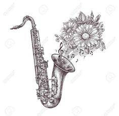 a saxophone with flowers and music notes on it