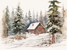 a watercolor painting of a cabin in the woods