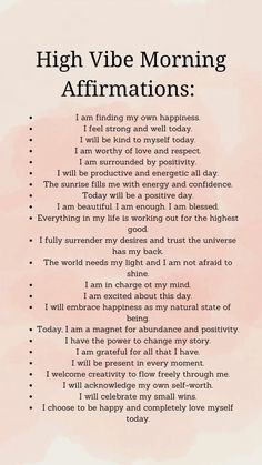 #positivethinking #affirmations Daily Affirmations For Manifestation, Affirmation For Morning, How To Do Daily Affirmations, Morning Affirmations Self Worth, Early Morning Affirmations, Good Mood Affirmations, High Vibe Affirmation, Healthy Mind Affirmation, Good Vibes Affirmations