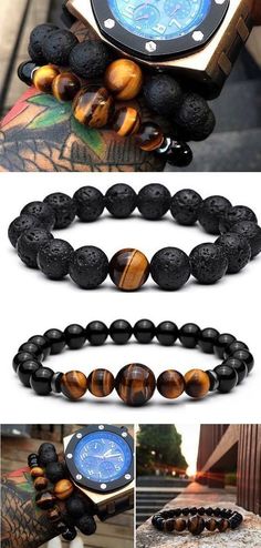 Tiger Eye & Lava Stone Bead Mens Bracelets. they come as a 2pce/set and currently on sale. perfect for any men style. Mens Bracelet Fashion, Tiger Eye Bracelet, Lava Bead, Lava Stone, Bijoux Diy, Mens Fashion Trends