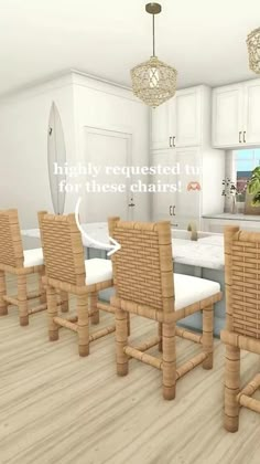 there are four chairs in the kitchen and one is white with brown wicker on it