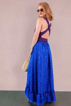 This bohemian hi low ruffle skirt is full of sway and flow. It's a graceful, romantic maxi skirt that's hits at the knee in the center front and drapes beautifully all the way around. A full twirling skirt, this can easily be paired with flats for a day at the beach, or paired with our infinity convertible tops for a more formal occasion. It's lightweight, easy to wash/dry and so easy to pack for all your vacations! Note: You will be stopped and admired when you wear this out! ► IG @ShopKulayan Bohemian Stretch Skirt For Vacation, Fitted Blue Wrap Skirt For Beach, Fitted Blue Wrap Skirt For The Beach, Blue Bohemian Wrap Skirt For Festival, Blue Bohemian Flowy Wrap Skirt, Blue Ruffled Maxi Skirt, Blue Bohemian Dress With Ruffled Skirt, Blue Bohemian Ruffled Dress, Blue Bohemian Skirted Dress