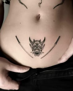 Small Oni Mask Tattoo Small Oni Mask Tattoo, Mask Tattoo Ideas, Oni Mask Tattoo, Oni Tattoo, Ab Tattoo, Taboo Tattoo, Any Tattoo, Oni Mask, Creepy Tattoos