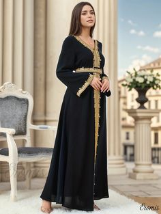 Eromis - Kaftan Maxi Dress with Lace Trim and V-Neck Design, Sophisticated Long Sleeve Style for Women Dress With Lace Trim, Kaftan Maxi Dress, Long Sleeve Style, Dress With Lace, Type A, Neck Designs, Lace Trim, Sleeve Styles, Lace Dress