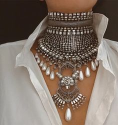 Dylan Lex | Hadley II Statement Necklace Outfit, Siena Miller, Jewellery Styling, Dope Jewelry Accessories, Pearl Necklace Choker, Boho Statement Necklace, Grunge Jewelry, Necklace Outfit, Pearl Statement Necklace