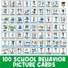 a poster with the words, 100 school behavior picture cards and pictures in green lettering