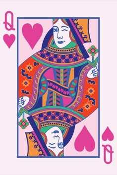 the queen of hearts playing card in pink, blue and orange colors with two faces on each side