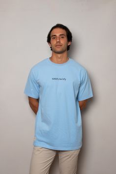 Short sleeved t-shirt in baby blue color. Slightly oversized in a medium weight cotton. Designed in Spain for our Capsule I: "Tier 1" Made out of 100% cotton, 200gsm. Embroidered on the front part and serigraphy on the back. Iconic star embroidered on right sleeve in white color. Statement label embroidered on bottom right. Pre-shrunk & Pre-washed to avoid shrinkage. He: 1,85m (6’1’’) / Size XL She: 1,63m (5’3’’) / Size M Baby Blue Color, Tier 1, Baby Blue Colour, Oversized Style, Medium Weight, Making Out, Baby Blue, White Color, Spain