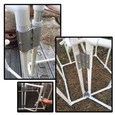 three different views of an outdoor structure with pipes attached to the top and bottom part