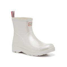 HUNTER-Original Play Short Rain Boot - Women's Travel across sleek sidewalks in style with the Original Play Short rain boot from Hunter. This waterproof pair features a traction sole for sturdy steps and a low wedge for a hint of height. Complete with an eye-catching sheen to add a bit of sparkle to cloudy days. Click here for Boot Measuring Guide. White Hunter Boots, Short Rain Boot, Rain Boots Hunter, Short Rain Boots, Rain Shoes, Womens Rain Boots, Hunter Rain Boots, Low Wedges, Rain Boot