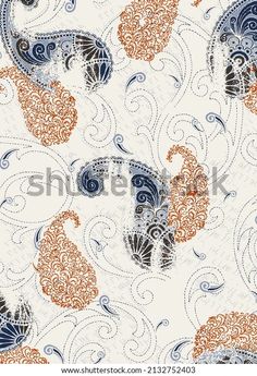 an abstract paisley pattern in blue, orange and white