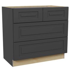 a black cabinet with two drawers on the bottom and one drawer in the middle, against a white background