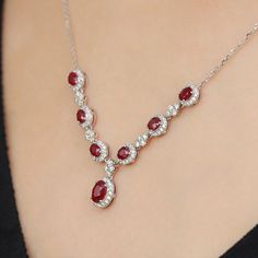 Make a statement with our exquisite 18K White Gold Ruby Necklace, boasting a V-shaped design and a dazzling Oval Ruby, complemented by a lab diamond necklace. Gold Ruby Necklace, Antique Jewellery Designs, Ruby Necklace, Red Gemstones, Affordable Jewelry, Antique Jewellery, Jewellery Designs, Gold Style, Lab Diamonds