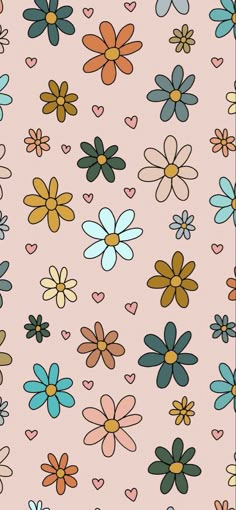 a pink background with lots of different colored flowers and hearts on the bottom right corner