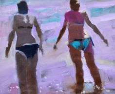 two women in bathing suits walking on the beach