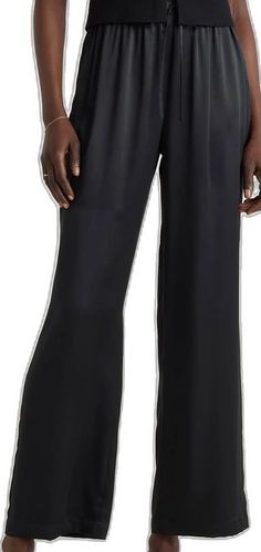 Silk Straight Pants In Solid Color, Elegant Silk Pants With Relaxed Fit, Elegant Relaxed Fit Silk Pants, Solid Silk Wide-leg Pants, Silk Wide-leg Pants With Elastic Waistband, Sleek Silk Trousers, Silk Wide-leg Pants With Relaxed Fit, Satin Wide-leg Loungewear Bottoms, Silk Wide Leg Pants With Elastic Waistband For Work