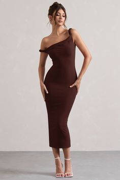 Salome | Chocolate Brown Twisted Asymmetric Midi Dress Camp Dinner, Midi Bridesmaid Dress, Fishtail Maxi Dress, Sleek Updo, Club L London, Fall Wedding Guest, Fall Wedding Guest Dress, Style Lookbook, Midi Dress Style