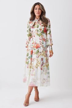 Lydia Millen Crinkle Chiffon Floral Pussybow Midi Dress | Karen Millen Silk Long Sleeve Midi Dress For Garden Party, Elegant Tie Neck Summer Midi Dress, Elegant Tie Neck Midi Dress For Summer, Feminine Silk Midi Dress For Spring, Spring Silk Midi Dress In Feminine Style, Elegant Summer Midi Dress With Tie Neck, Spring Silk Midi Dress, Feminine Style, Spring Silk Midi Dress With Feminine Style, Elegant Ruffled Tie-neck Dress