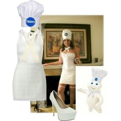 a woman in white dress and chef's hat next to an image of a cat