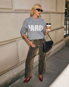 Moment In Time Leopard Print Pants Leopard Pants Outfit Fall, Leopard Pants Outfit 2024, Arizona Style Outfits, Cheetah Print Pants Outfit, Cheetah Pants Outfit, Millennial Outfits, Leopard Jeans Outfit, Cheetah Jeans, Leopard Print Pants Outfit