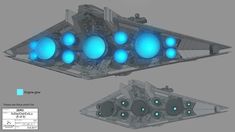 an image of a space ship with blue lights on the front and back sides, as well as information about it