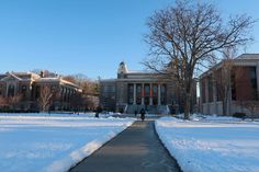 a walkway in front of a building with snow on the ground and trees around it