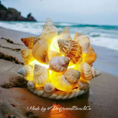 a light up shell on the beach next to the ocean