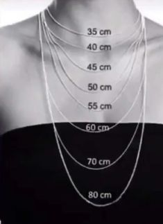 a woman wearing three rows of necklaces with measurements on her chest and the length